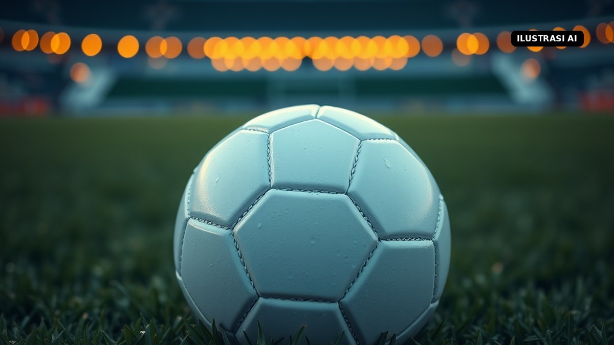 Ilustrasi bola sepak di atas rumput stadion saat senja