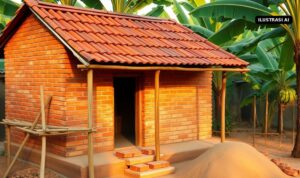 Ilustrasi AI rumah sederhana di desa yang sedang direnovasi dengan dinding bata baru