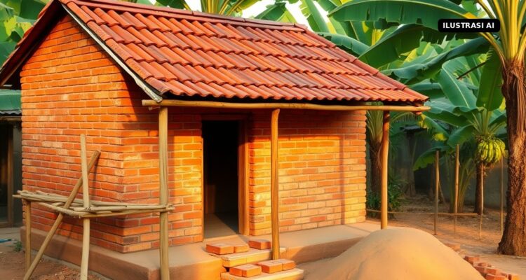 Program RTLH Klaten Digenjot, BAZNAS Salurkan Bantuan 125 Rumah dan 110 Jamban Ilustrasi AI rumah sederhana di desa yang sedang direnovasi dengan dinding bata baru