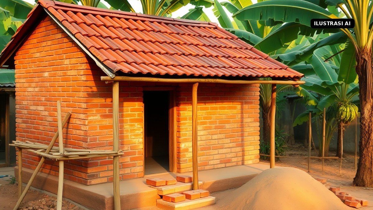 Ilustrasi AI rumah sederhana di desa yang sedang direnovasi dengan dinding bata baru