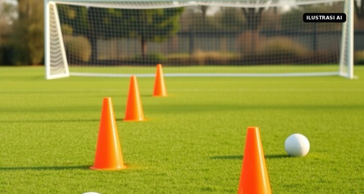 Jeda FIFA Matchday, PSIM dan PSS Berbenah: PSIM Tunggu Persija, PSS Kejar Poin Perdana Ilustrasi AI lapangan latihan sepak bola dengan cone dan bola