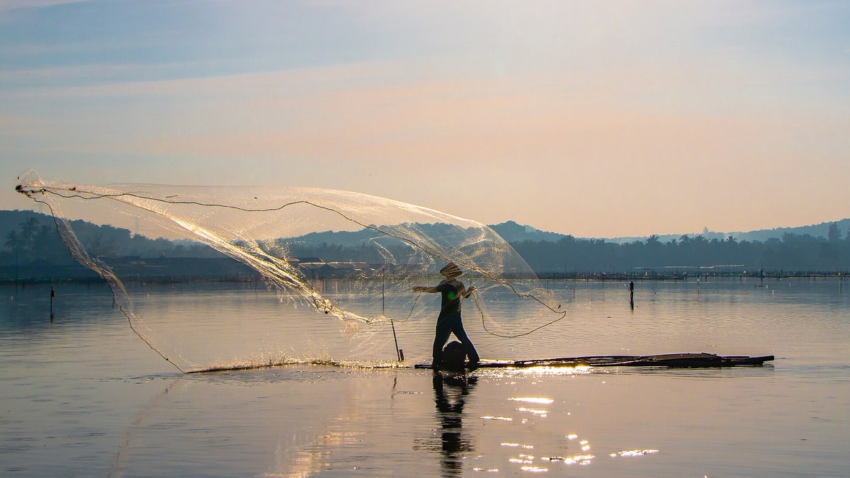 Penjala ikan menebar jala di perairan Rowo Jombor Klaten saat pagi