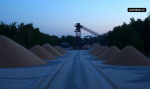 Ngaku Pemilik, Pria Sleman Jual Stone Crusher Milik Orang di Tulung Klaten Rp22 Juta Ilustrasi depo pasir dengan tumpukan pasir dan konveyor di kejauhan