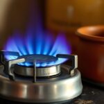 Ilustrasi AI nyala api biru kompor gas di dapur rumah tangga