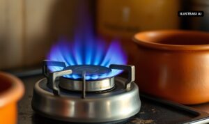 Ilustrasi AI nyala api biru kompor gas di dapur rumah tangga