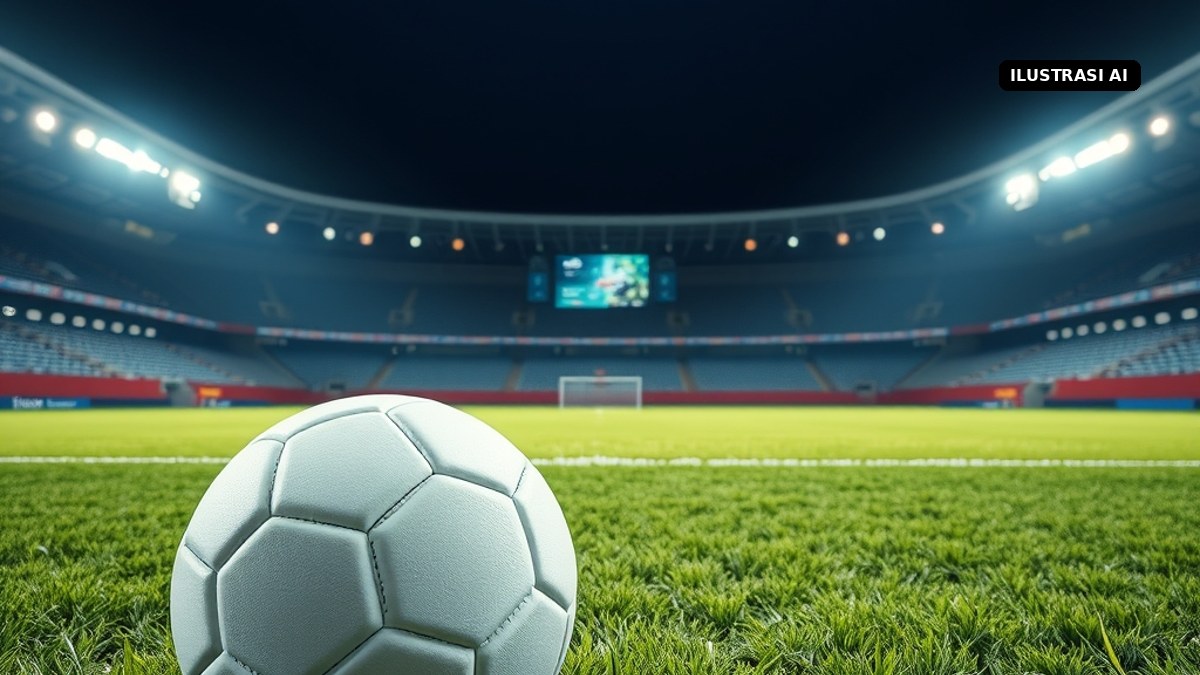 Ilustrasi AI bola di rumput stadion saat malam