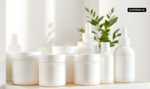 Jangan Asal Beli Skincare, BPOM Temukan 14 Kosmetik Berbahaya: Ini Cara Cek KLIK Ilustrasi deretan wadah skincare polos tanpa label di rak kamar mandi