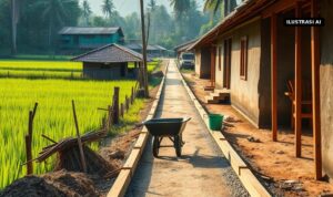 Ilustrasi jalan desa yang disiapkan untuk dicor beton di antara sawah dan rumah warga