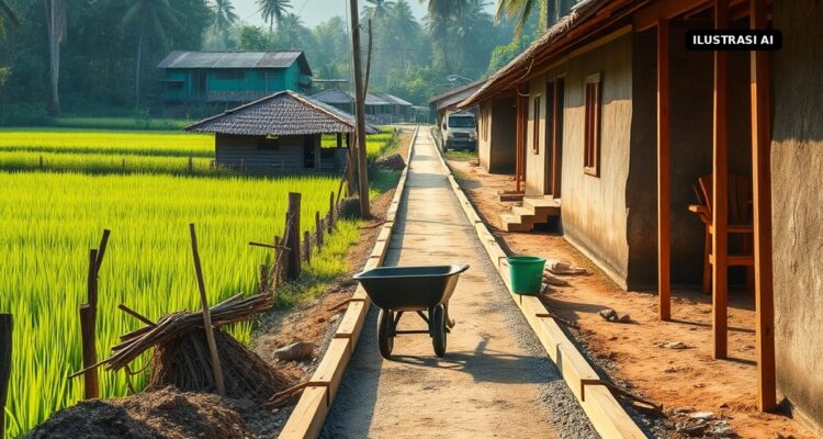 Desa Trucuk Jadi Lokasi TMMD Reguler ke-130, Sasar Betonisasi Jalan hingga Perbaikan RTLH Ilustrasi jalan desa yang disiapkan untuk dicor beton di antara sawah dan rumah warga