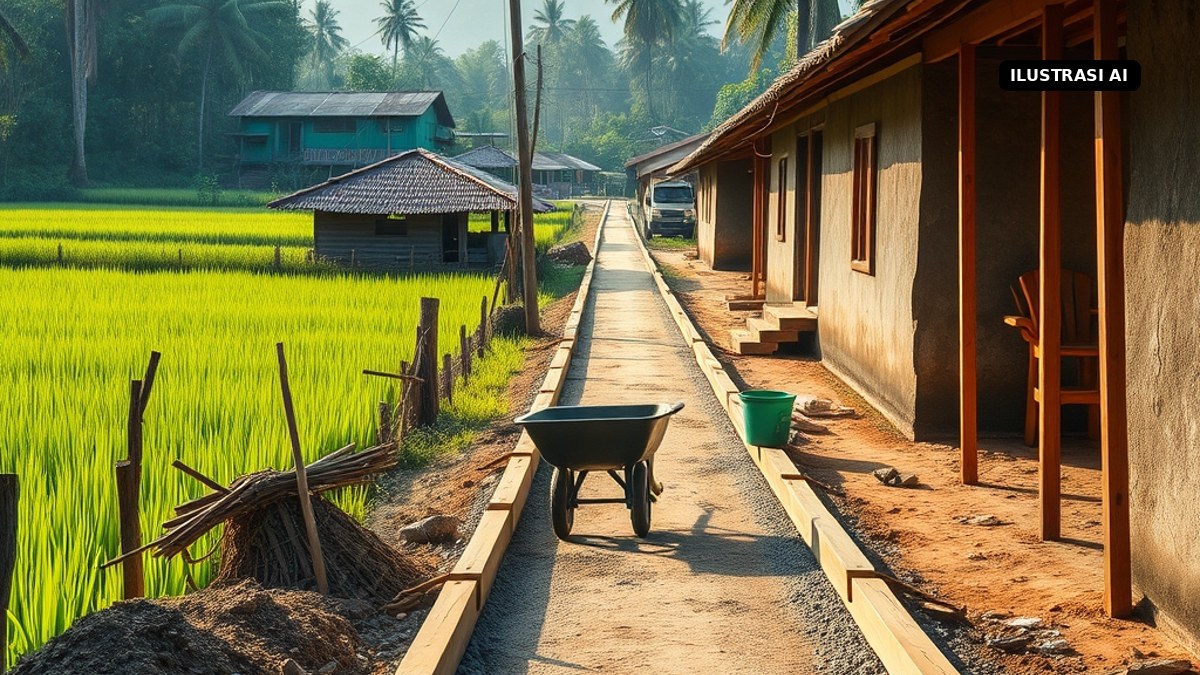 Ilustrasi jalan desa yang disiapkan untuk dicor beton di antara sawah dan rumah warga