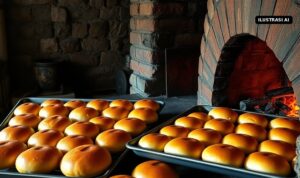 Ilustrasi AI roti tradisional di dekat oven batu bata