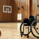 Ilustrasi AI kursi roda olahraga dan bola basket di lapangan indoor