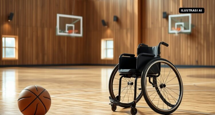 Ilustrasi AI kursi roda olahraga dan bola basket di lapangan indoor