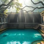 Ilustrasi AI kolam mata air jernih berdinding batu kuno di bawah pepohonan