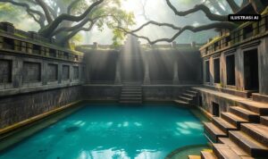 Ilustrasi AI kolam mata air jernih berdinding batu kuno di bawah pepohonan