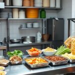 Ilustrasi AI dapur usaha kecil yang bersih dengan bahan makanan tertata