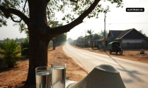 Suhu Klaten Tembus 39 Derajat, Kenali Tanda Heat Stroke dan 5 Cara Mencegahnya dari Kemenkes Ilustrasi gelas air minum dan caping di bawah pohon rindang saat cuaca terik