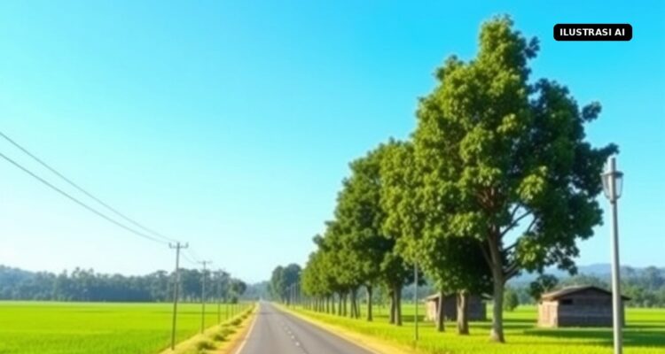 Agenda Minggu 4 Oktober 2026: Klaten Panas 38 Derajat, Hari Terakhir Diskon BBNKB GIIAS dan Haul Solo Ilustrasi AI jalan desa di antara sawah di bawah langit cerah