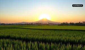 Ilustrasi AI sawah hijau dan siluet gunung saat matahari terbit