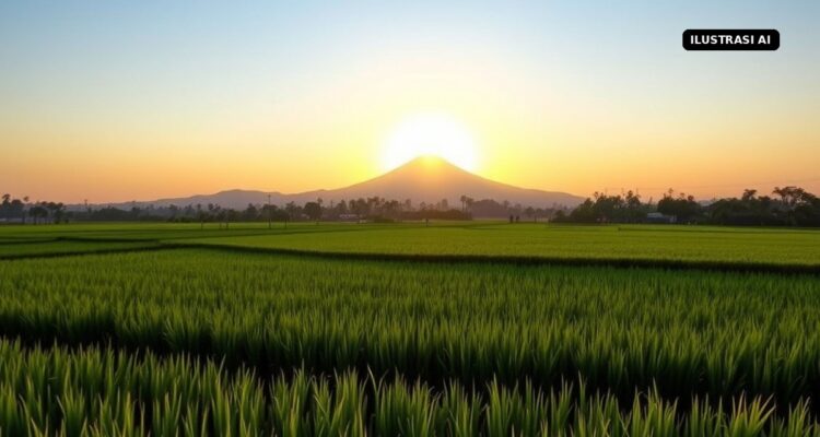 Ilustrasi AI sawah hijau dan siluet gunung saat matahari terbit