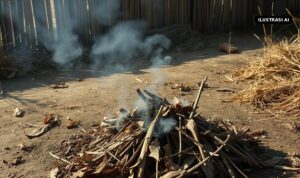 Rumah Warga Cawas Terbakar Diduga dari Bakar Sampah, Ini Bahaya dan Aturan Larangannya saat Kemarau Ilustrasi AI tumpukan daun kering berasap di halaman rumah saat kemarau