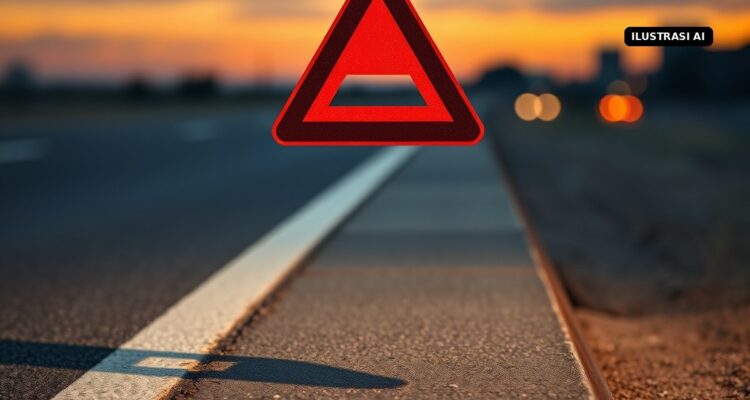 Belajar dari Tragedi Tol Klaten, Ini Langkah Aman saat Ban Kempes atau Mobil Mogok di Jalan Tol Ilustrasi AI segitiga pengaman merah di bahu jalan tol saat senja