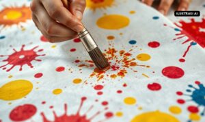 Ilustrasi AI tangan memercikkan malam ke kain putih membentuk motif batik ciprat