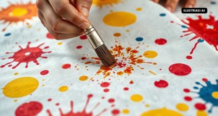 Ilustrasi AI tangan memercikkan malam ke kain putih membentuk motif batik ciprat