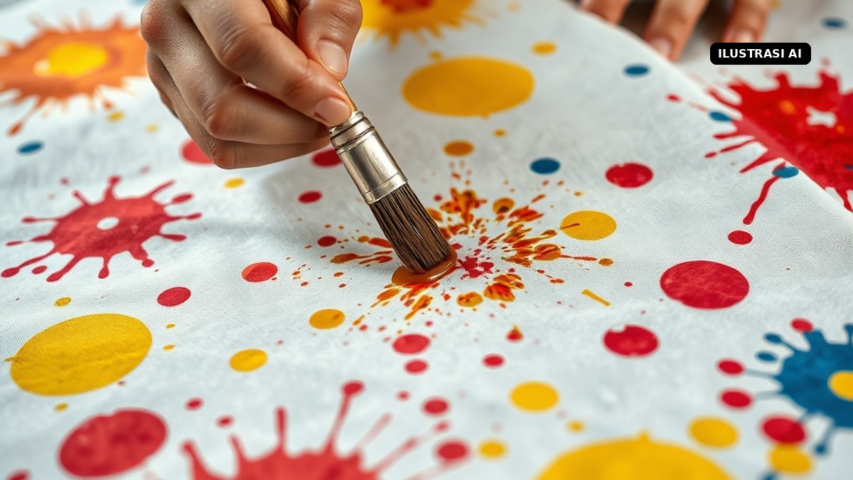 Ilustrasi AI tangan memercikkan malam ke kain putih membentuk motif batik ciprat