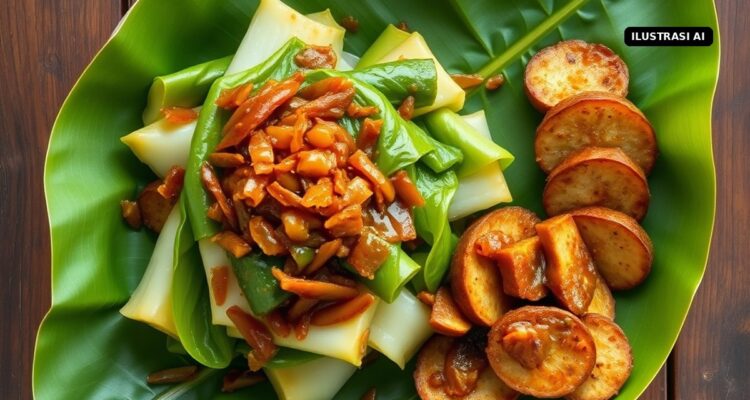 Ilustrasi AI daun ubi rebus bersiram sambal dan tempe di atas daun pisang