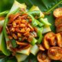 Ilustrasi AI daun ubi rebus bersiram sambal dan tempe di atas daun pisang