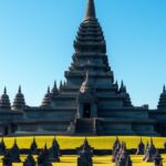 Ilustrasi AI kompleks candi Buddha batu dengan candi utama dan candi perwara