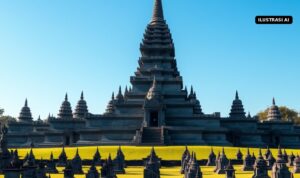 Ilustrasi AI kompleks candi Buddha batu dengan candi utama dan candi perwara