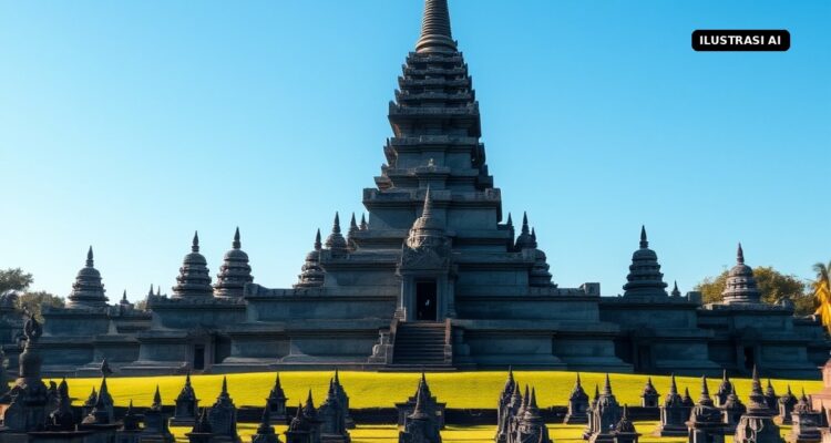 Ilustrasi AI kompleks candi Buddha batu dengan candi utama dan candi perwara