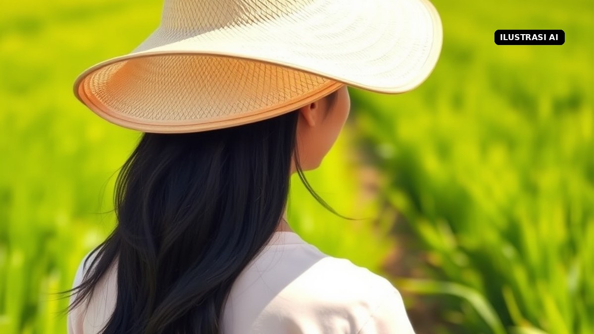 Ilustrasi AI perempuan berambut panjang memakai topi lebar di sawah saat cuaca cerah