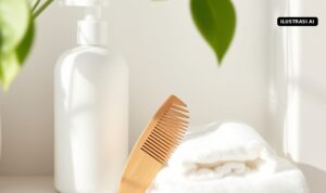 Ilustrasi AI sisir kayu, handuk, dan botol polos di kamar mandi