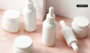 Ilustrasi AI wadah krim dan botol kosmetik polos di atas meja marmer