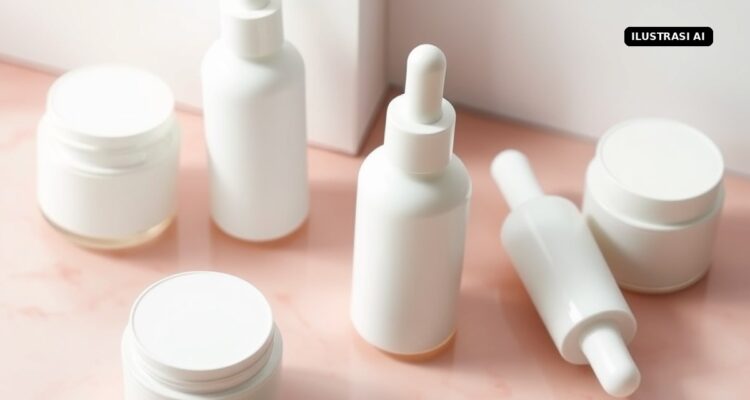 Jangan Tergiur Krim Pemutih Instan, Ini Cara Cek KLIK Kosmetik Aman dan Bahan Berbahaya Temuan BPOM Ilustrasi AI wadah krim dan botol kosmetik polos di atas meja marmer
