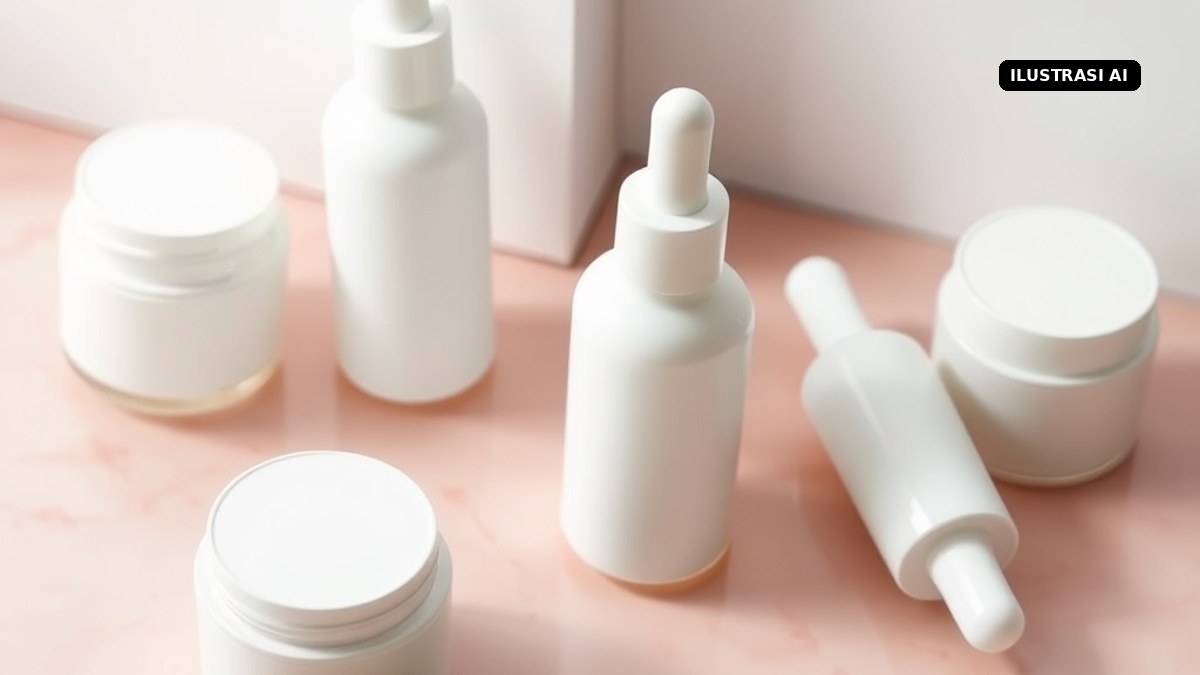Ilustrasi AI wadah krim dan botol kosmetik polos di atas meja marmer