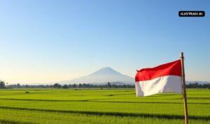 Cuaca Klaten Kamis 1 Oktober 2026: Cerah Sepanjang Hari, Siang 36 Derajat; Merapi Masih Siaga Ilustrasi AI sawah, gunung, dan bendera Merah Putih di pagi cerah