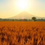 Ilustrasi AI matahari terik di atas sawah dengan siluet gunung