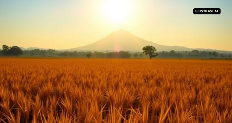 Ilustrasi AI matahari terik di atas sawah dengan siluet gunung