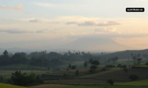 Ilustrasi AI awan di atas sawah dengan siluet gunung