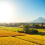 Cuaca Klaten Minggu 4 Oktober 2026: Cerah dan Terik hingga 39 Derajat, Hujan Ringan Sore di Lereng Merapi Ilustrasi AI matahari pagi di atas sawah dan desa dengan siluet gunung