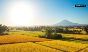Ilustrasi AI matahari pagi di atas sawah dan desa dengan siluet gunung