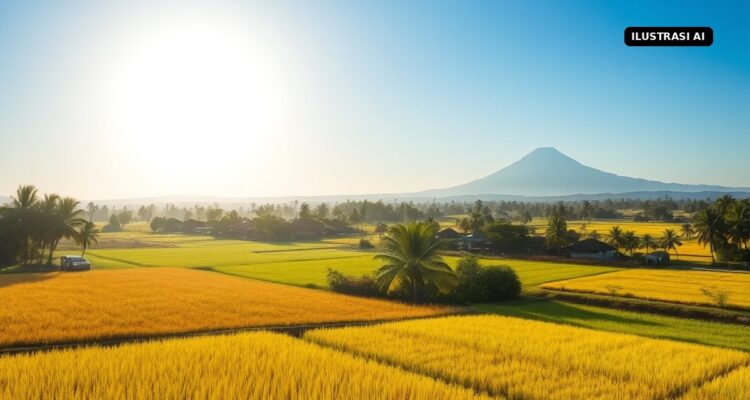 Cuaca Klaten Minggu 4 Oktober 2026: Cerah dan Terik hingga 39 Derajat, Hujan Ringan Sore di Lereng Merapi Ilustrasi AI matahari pagi di atas sawah dan desa dengan siluet gunung