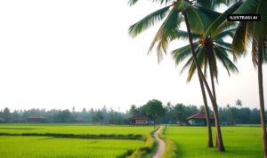 Ilustrasi AI hamparan sawah dan jalan setapak di pedesaan