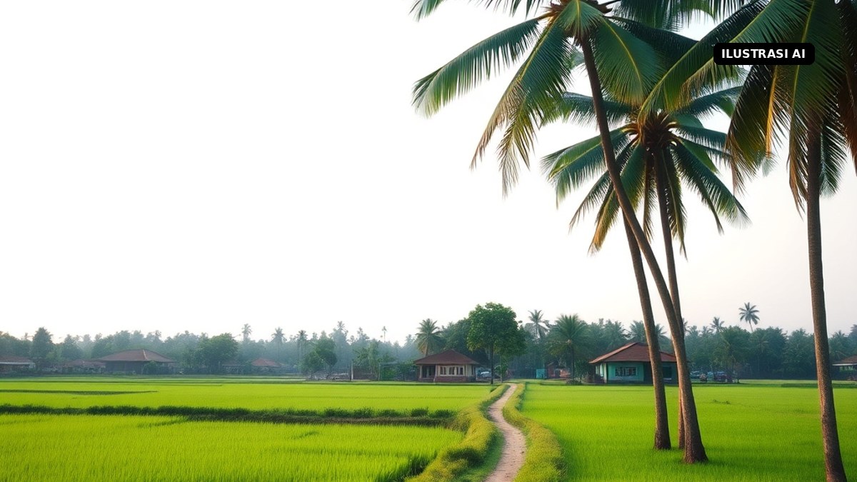 Ilustrasi AI hamparan sawah dan jalan setapak di pedesaan