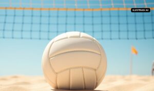 Bintang/Sofyan Tantang Juara Bertahan Qatar di Final Voli Pantai Asian Games 2026 Sabtu Ini Ilustrasi AI bola voli di atas pasir di bawah net voli pantai