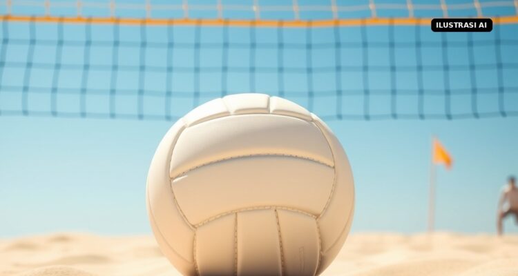 Bintang/Sofyan Tantang Juara Bertahan Qatar di Final Voli Pantai Asian Games 2026 Sabtu Ini Ilustrasi AI bola voli di atas pasir di bawah net voli pantai